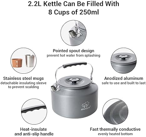 Bulin Camping Kettle, 2.2L Large Portable Camp Tea Coffee Pot With 4 Cups