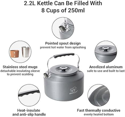 Bulin Camping Kettle, 2.2L Large Portable Camp Tea Coffee Pot With 4 Cups