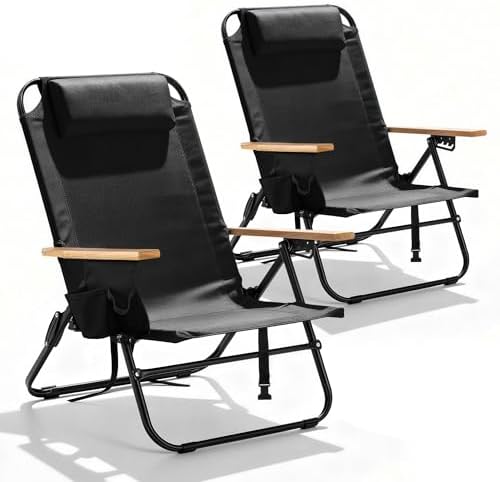 2 Pack Premium 5-Position Reclining Camping Chair - Portable Folding Lightweight Outdoor Chair with Wooden Armrests, Headrest & Pockets, 350lbs Heavy Duty for Beach, Patio, Backyard, Black