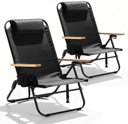2 Pack Premium 5-Position Reclining Camping Chair - Portable Folding Lightweight Outdoor Chair with Wooden Armrests, Headrest & Pockets, 350lbs Heavy Duty for Beach, Patio, Backyard, Black