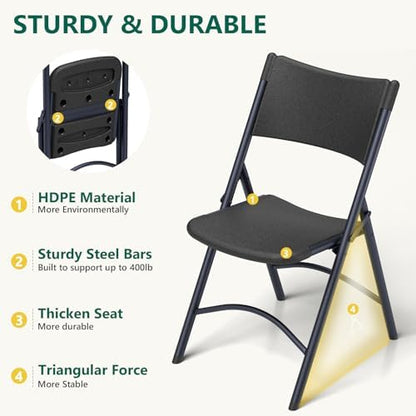 2 Pack Folding Table and 4 Pack Folding Chair, No Assembly Portable Folding Table and Chairs Set, Heavy Duty Event Foldable Table and Chair for Outdoor, Camping, Picnic, Indoor(Black)