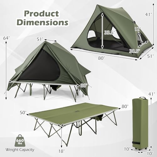 Tangkula 2 in 1 Tent Cot, 2-Person Portable Off-Ground Elevated Camping Tent with Cot, Removable Rainfly, Wheeled Bag, Stakes & Wind Ropes for Outdoor Hiking, Picnic, Travel