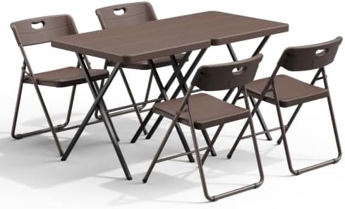 2 Pack Folding Table and 4 Pack Folding Chair, No Assembly Portable Folding Table and Chairs Set, Heavy Duty Event Foldable Table and Chairs Set for Outdoor, Camping, Picnic, Dining, Indoor(Brown)