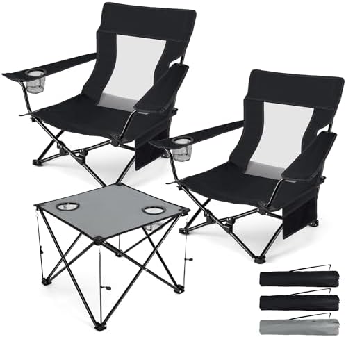 HaSteeL Low Beach Chairs, 3Pcs Folding Camping Chairs with Table - Black