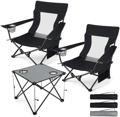 HaSteeL Low Beach Chairs, 3Pcs Folding Camping Chairs with Table - Black