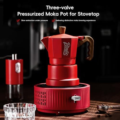 Bincoo Three-valve Espresso Maker Stovetop,2 Cups Camping Moka Pot Espresso Italian Coffee Maker,Rich Crema,Easy to Use (Red)