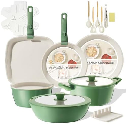 BECIGAR 23pcs Ceramic Pots and Pans Set, Nonstick Detachable Handle Cookware, Induction Kitchen Cooking Set with Removable Handle,include Frying Pans & Saucepans Oven Safe(Green)