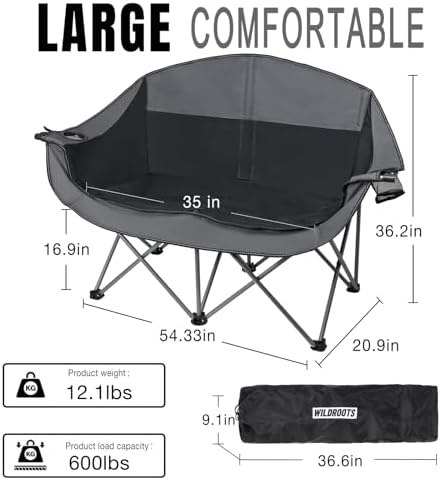 Double Camping Chair Heavy Duty 600LBS 2 Person Loveseat w 2 Cup Holders