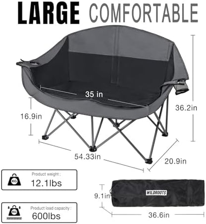 Double Camping Chair Heavy Duty 600LBS 2 Person Loveseat w 2 Cup Holders