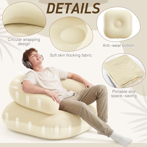 Novabright 2 Pcs Inflatable Chairs for Adults Blow Up Games Chairs Folding Portable Flocking Inflatable Sofa for Living Room Learning Camping Party (Beige)