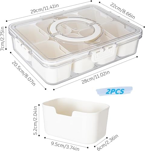 WACOI Divided Snack Serving Tray with Lid and Handle Travel Snackle Charcuterie Container Portable Storage Organizer for Candy, Fruits, Nuts, Snacks, Party, Picnic 2 Packs White