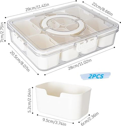 WACOI Divided Snack Serving Tray with Lid and Handle Travel Snackle Charcuterie Container Portable Storage Organizer for Candy, Fruits, Nuts, Snacks, Party, Picnic 2 Packs White