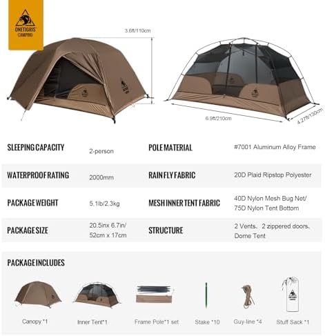 OneTigris COSMITTO 2 Person Backpacking Tent Shelter- Free Standing Lightweight Waterproof 3 Season Camping Tent for Outdoor Hiking Mountaineering