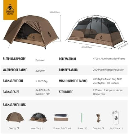 OneTigris COSMITTO 2 Person Backpacking Tent Shelter- Free Standing Lightweight Waterproof 3 Season Camping Tent for Outdoor Hiking Mountaineering
