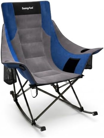SUNNYFEEL Rocking Camping Chair Fully Padded Patio Folding Chair Portable Oversized Outdoor Rocker High Back Lawn Recliner with Side Pocket Camp Rocker Chairs for Adults Heavy Duty 500 LBS Blue