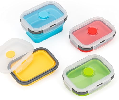 Collapsible Food Storage Containers with Airtight Lid, 11.8 oz, Small Kitchen Stacking Silicone Collapsible Meal Prep Container Set for Leftover, Microwave Freezer Dishwasher Safe, 4 Colors, Set of 4