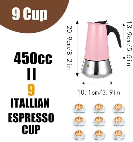 9 Cup Stovetop Espresso Maker Stainless Steel Moka Pot Stove Top Percolator Italian Coffee Makers Capable Mocha Greca Machine Cafe Classic Induction Cookers for Home and Camping 450ml 15oz