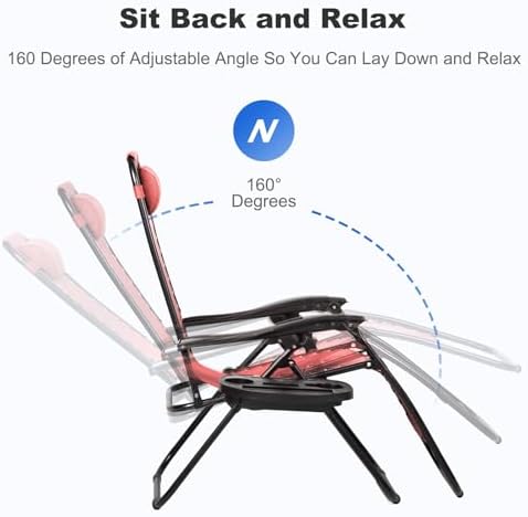 Nazhura Set of 2 Relaxing Recliners Patio Chairs Adjustable Steel Mesh Zero Gravity Lounge Chair Beach Chairs with Pillow and Cup Holder Khaki (Pink)