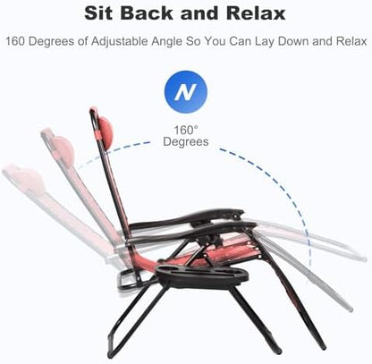 Nazhura Set of 2 Relaxing Recliners Patio Chairs Adjustable Steel Mesh Zero Gravity Lounge Chair Beach Chairs with Pillow and Cup Holder Khaki (Pink)