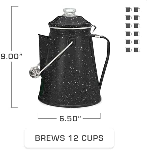 COLETTI Classic Enamel Set Coffee Percolator & Mugs — The Most Nostalgic Camping Coffee Pot, Now Modernized [Black Enamel, 12 Cup Percolator Coffee Pot & Set of 4 Mugs]
