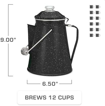 COLETTI Classic Enamel Set Coffee Percolator & Mugs — The Most Nostalgic Camping Coffee Pot, Now Modernized [Black Enamel, 12 Cup Percolator Coffee Pot & Set of 4 Mugs]