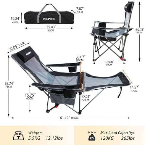 Reclining Camping Chair with Removable Footrest Lounge Chair with Headrest, Cotton Cushion, Portable Adjustable Folding Chairs