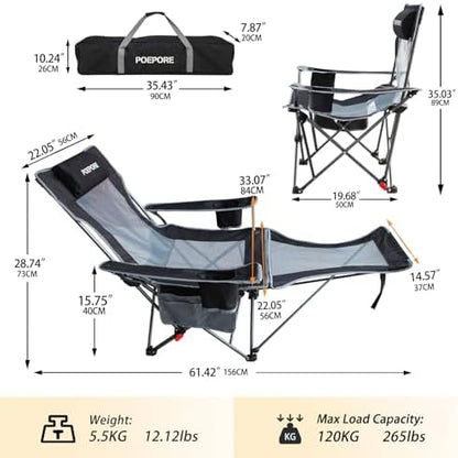 Reclining Camping Chair with Removable Footrest Lounge Chair with Headrest, Cotton Cushion, Portable Adjustable Folding Chairs