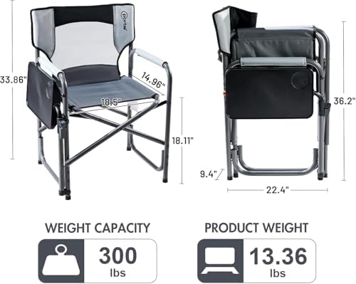 Portal Director Camping Chair with 2-Way Rotating Side Table, 300 lb, Gray