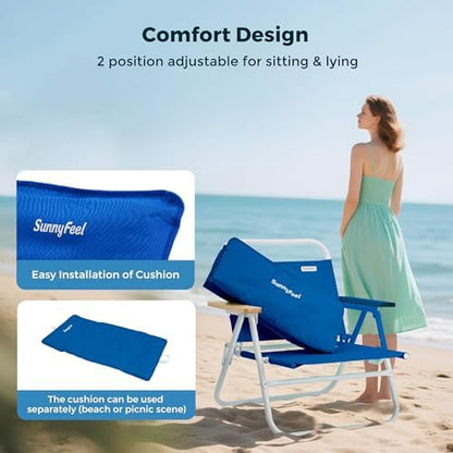 SUNNYFEEL Foldable Beach Chair, Beach Chair Backup with Wood Armrest & Cushion, Lightweight Camping Chair Heavy Duty for Beach, Camping, Lawn, Outdoor, Blue, 2 Pack