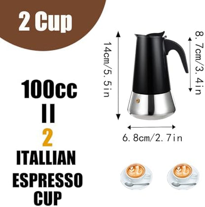 2 Cup Stovetop Espresso Maker Stainless Steel Moka Pot Stove Top Percolator Italian Coffee Makers Capable Mocha Greca Machine Cafe Classic Induction Cookers for Home and Camping 100ml 3.3oz