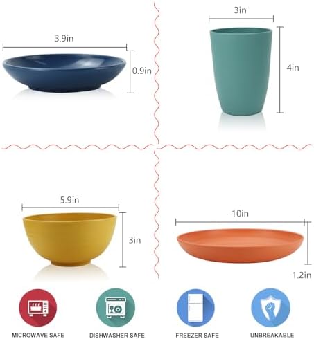 Wrova Wheat straw plates and bowls sets of 16 - Unbreakable wheat straw dinnerware sets for kids - Alternative plastic dinnerware set service for 4 - Microwave safe and Dishwasher safe bowls. Colorful
