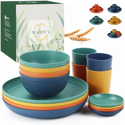Wrova Wheat straw plates and bowls sets of 16 - Unbreakable wheat straw dinnerware sets for kids - Alternative plastic dinnerware set service for 4 - Microwave safe and Dishwasher safe bowls. Colorful