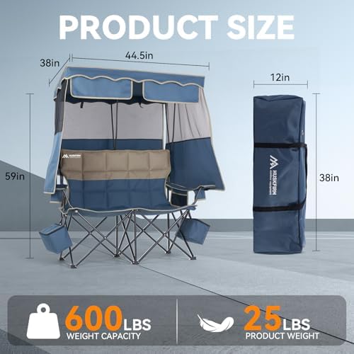 Padded Double Camping Chair With Canopy,Folding Chair Support 450LBS, Blue