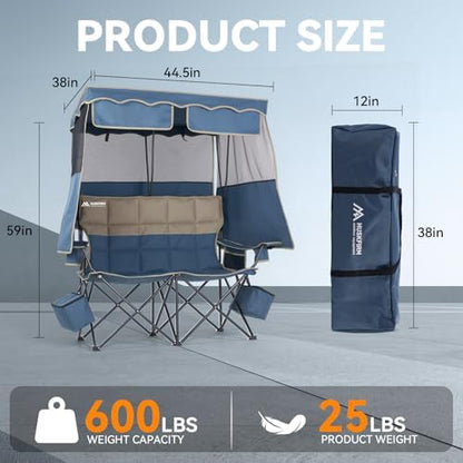 Padded Double Camping Chair With Canopy,Folding Chair Support 450LBS, Blue
