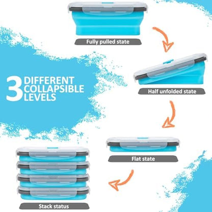 Collapsible Silicone Food Storage Containers Set with Lid & Air Vent,Foldable Lunch Containers(4PCS,Blue,17oz)