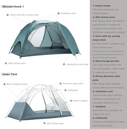 Wander Hawk 1-2 Person Backpacking Tent, Lightweight 1 Person / 2 Person Tent for Bikepacking Backpacking Camping & Hiking