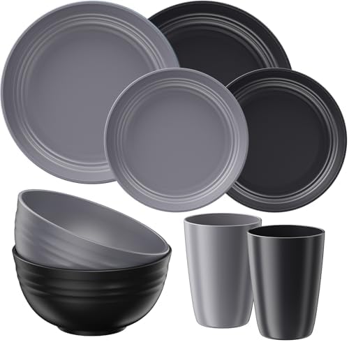 Quatish 8 Pcs Plates and Bowls Sets, Plastic Dinnerware Sets for 2, Grey
