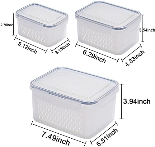 3Pack Fridge Food Storage Container Set with Lids with Strainer,Plastic Fresh Produce Saver Vegetable Fruit Meat Storage Organization, BPA-Free Plastic Produce Keepers(3.15L+1.7L+0.8L)