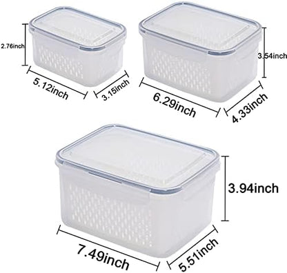 3Pack Fridge Food Storage Container Set with Lids with Strainer,Plastic Fresh Produce Saver Vegetable Fruit Meat Storage Organization, BPA-Free Plastic Produce Keepers(3.15L+1.7L+0.8L)