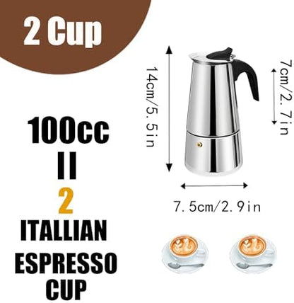 2 Cup Stovetop Espresso Maker Stainless Steel Moka Pot Stove Top Percolator Italian Coffee Makers Capable Mocha Greca Machine Cafe Classic Induction Cookers for Home and Camping 100ml 3.3oz