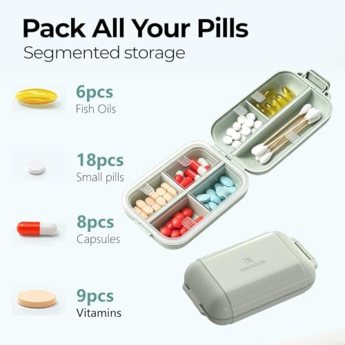 7 Compartments Travel Pill Organizer, Foldable Portable Airtight Pill Box