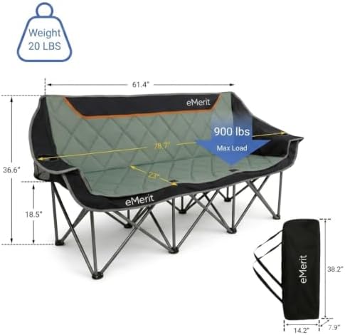 EMERIT 3 Person Camping Chair,900lb Heavy Duty Triple Loveseat Wide Padded Folding Couch for Adults & Family