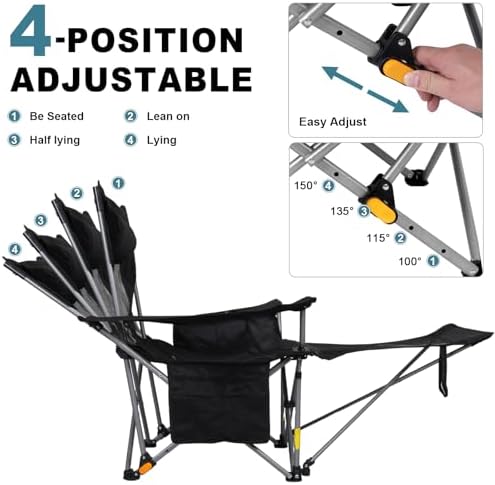Romswi 2Pack 4-Position Reclining Camping Chair with Removable Footrest, 2-in-1 Adjustable Portable Lounge Chair with Cooler Bag, Cup Holder, Side Pockets & Carry Bag for Outdoor, Mesh Black