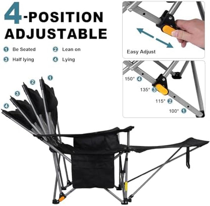Romswi 2Pack 4-Position Reclining Camping Chair with Removable Footrest, 2-in-1 Adjustable Portable Lounge Chair with Cooler Bag, Cup Holder, Side Pockets & Carry Bag for Outdoor, Mesh Black