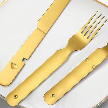 Picnic Silverware Gold Camping Cutlery Fork Knife Spoon Bottle Opener 4 Pieces Flatware Utensil Kit Foldable for Outdoor Kitchen Daily Use Easy To Clean