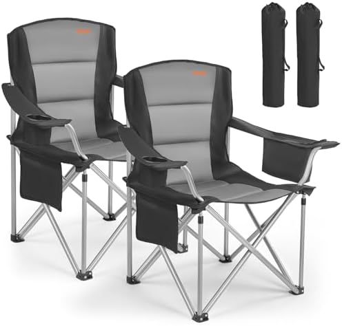 VEVOR Oversized Camping Folding Chair, Portable Heavy Duty Outdoor Quad Lumbar Back Padded with Side Pockets, Cup Holder and Cooler Bag for Beach, Lawn, Picnic, Fishing, Backpacking, 2 Pack