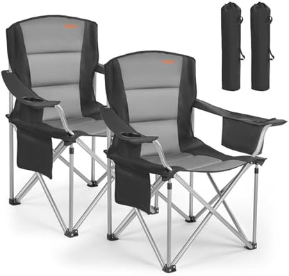 VEVOR Oversized Camping Folding Chair, Portable Heavy Duty Outdoor Quad Lumbar Back Padded with Side Pockets, Cup Holder and Cooler Bag for Beach, Lawn, Picnic, Fishing, Backpacking, 2 Pack