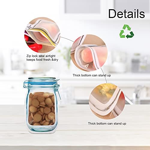 30Pcs Mason Jar Zipper Bags Reusable Snack Bags Portable Food Storage Snack Zipper Bags Food Saver Storage Bags Zipper Sealed Bags for Kitchen Travel Camping Picnic Organizer (5S 8M 12L 5T)