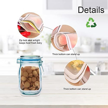30Pcs Mason Jar Zipper Bags Reusable Snack Bags Portable Food Storage Snack Zipper Bags Food Saver Storage Bags Zipper Sealed Bags for Kitchen Travel Camping Picnic Organizer (5S 8M 12L 5T)