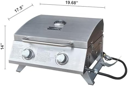 2-Burner Small Tabletop Gas Grill, 20,000 BTU Stainless Steel Grill